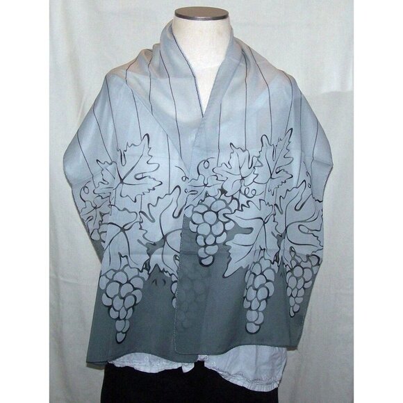 David Carey Accessories - Scarf Grey Border End Wine Tasting  Grape Cluster 60" L  x  14" W 100% Polyester